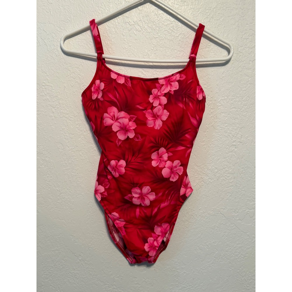 Leilani Red Pink Hibiscus Floral One Piece Swimsuit Open Back Size 8 USA Made